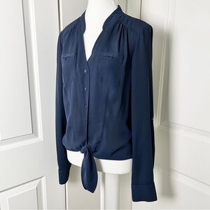 Suzy Shier Navy Button-Up Tie Front Blouse w/ Peek-a-boo Back Detail - M/L